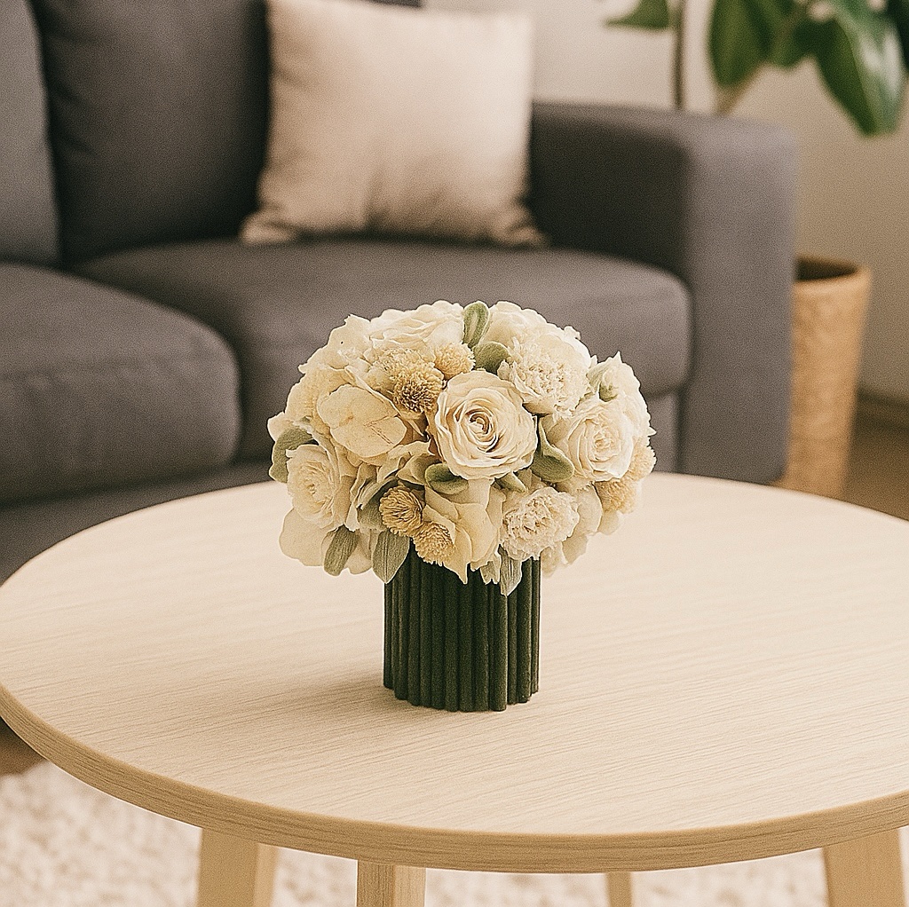 Aranjament cu trandafiri albi stabilizați Aranjament cu trandafiri albi stabilizați