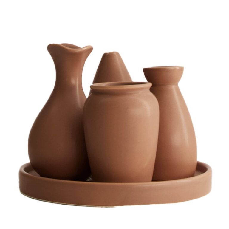 Set tavă cu vaze ceramice decorative – 4 piese, design minimalist