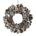 Coroniță de Crăciun „White Christmas” cu conuri naturale, accente aurii și efect de zăpadă