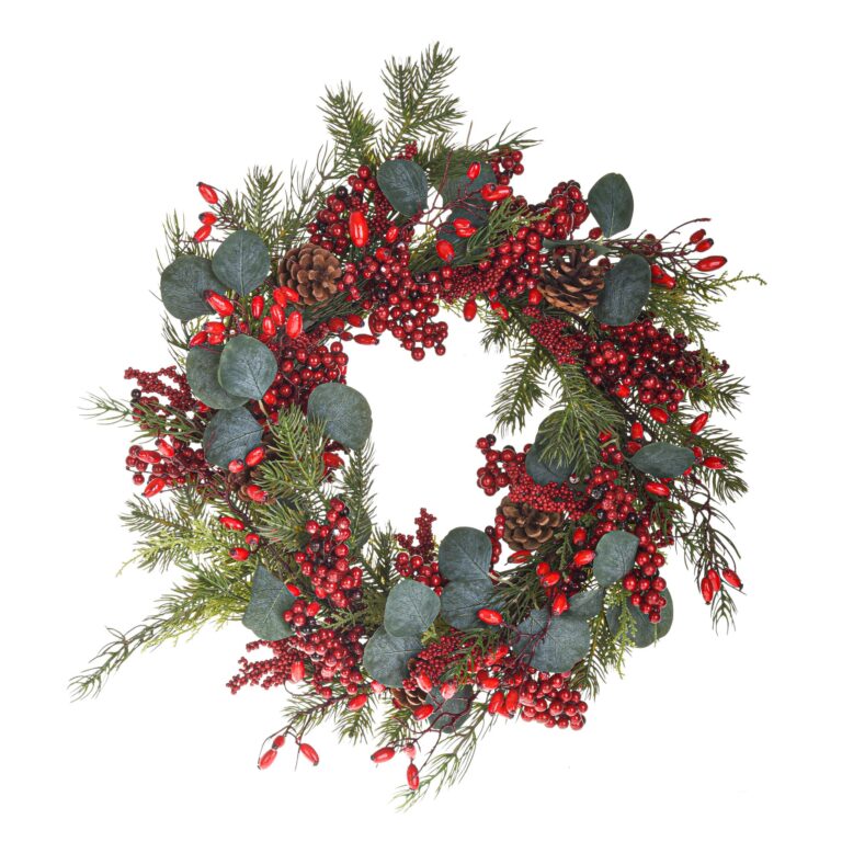 Coroniță de Crăciun artificială cu eucalipt și accente roșii 50 cm